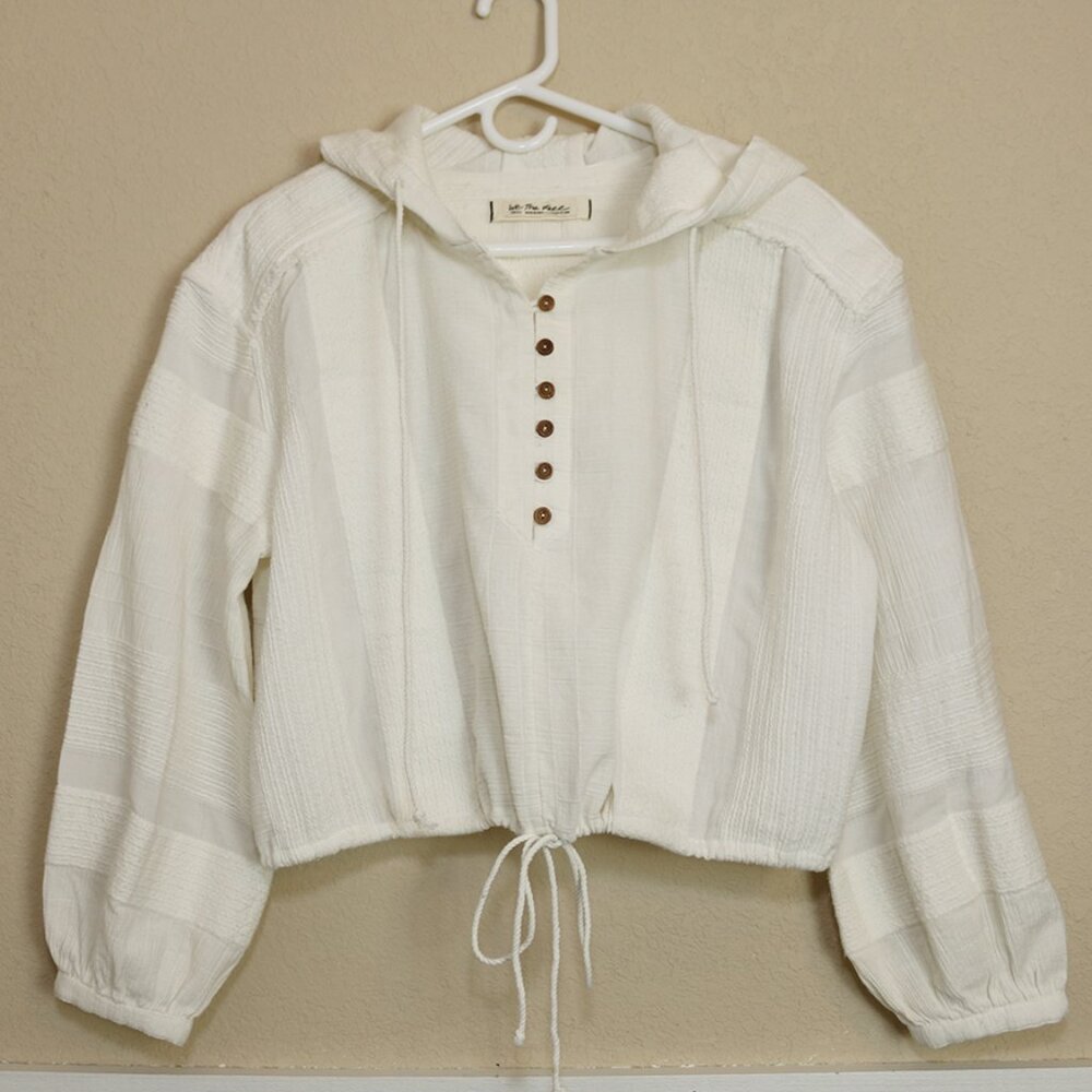 Free People We The Free Crop Popover Top Hooded Cinch Wiast White Boho Sz Small